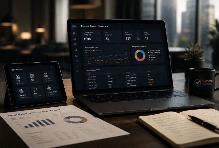 Ein Finanzarbeitsplatz in der Dämmerung. Ein Laptop zeigt die Abstimmungsübersicht von Success Payment: abgeglichene Transaktionen, offene Abweichungen, den automatisch abgeglichenen Anteil, die Zahl der angebundenen Datenquellen, den Abstimmungsverlauf über die Zeit, eine Aufschlüsselung der Abweichungen nach Ursache und eine Liste der jüngsten Abweichungen mit Quelle, Ursache und Status. Daneben listet ein Tablet die angebundenen Datenquellen auf, jede als verbunden markiert, und auf dem Schreibtisch liegt eine ausgedruckte Zusammenfassung der Abstimmung.