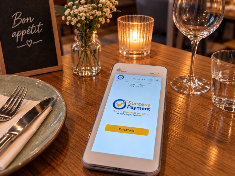 Un terminal de paiement Success Payment posé sur une table de restaurant dressée, son écran affichant le logo Success Payment et un bouton Pay@Table, à côté d’une assiette, de couverts, d’un verre à vin, d’une bougie et d’un petit vase de fleurs.