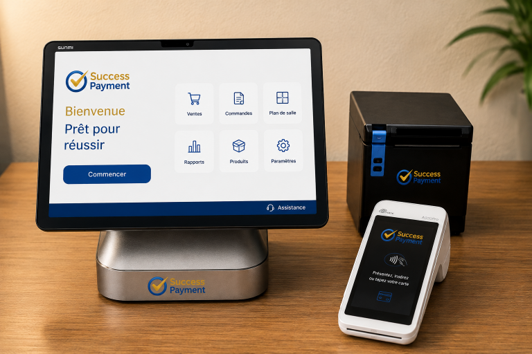 Een Success POS-opstelling op de toonbank van een restaurant: een SUNMI-touchscreenkassa op zijn voet met het Success Payment-welkomstscherm en tegels voor verkoop, bestellingen, plattegrond, rapporten, producten en instellingen; een thermische bonprinter; en een PAX A920Pro-betaalterminal die de gast vraagt de kaart te tikken, in te voeren of te halen.