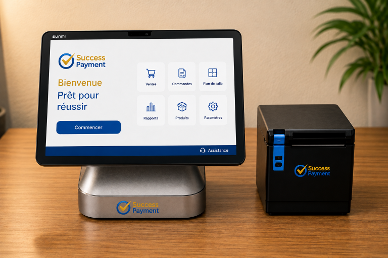 De Success POS Starter Kit op een restauranttoonbank: een SUNMI CPad-touchscreen op het Success Payment-laadstation met het welkomstscherm, naast een thermische bonprinter van Success Payment.